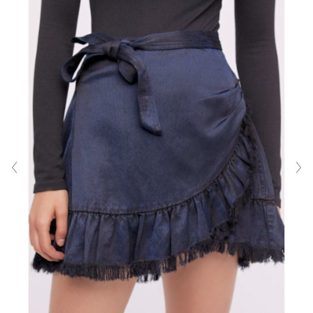 Free people 10 Jean Ruffle Wrap Skirt Dark Wash Fringe Boho Sexy Adjustable